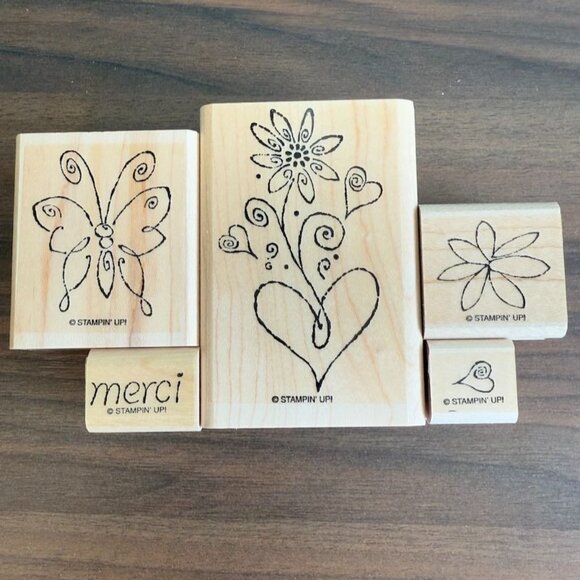 Stampin Up! Merci Butterfly & Flower Rubber Stamp Set Of 5 With Wooden Blocks Cr - Picture 8 of 9